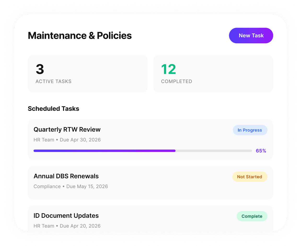 Maintenance and Policies panel showing scheduled tasks, quarterly RTW review progress and policy statuses