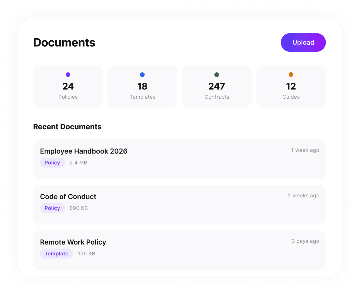 Documents panel showing recent uploads including Employee Handbook, Code of Conduct and policies