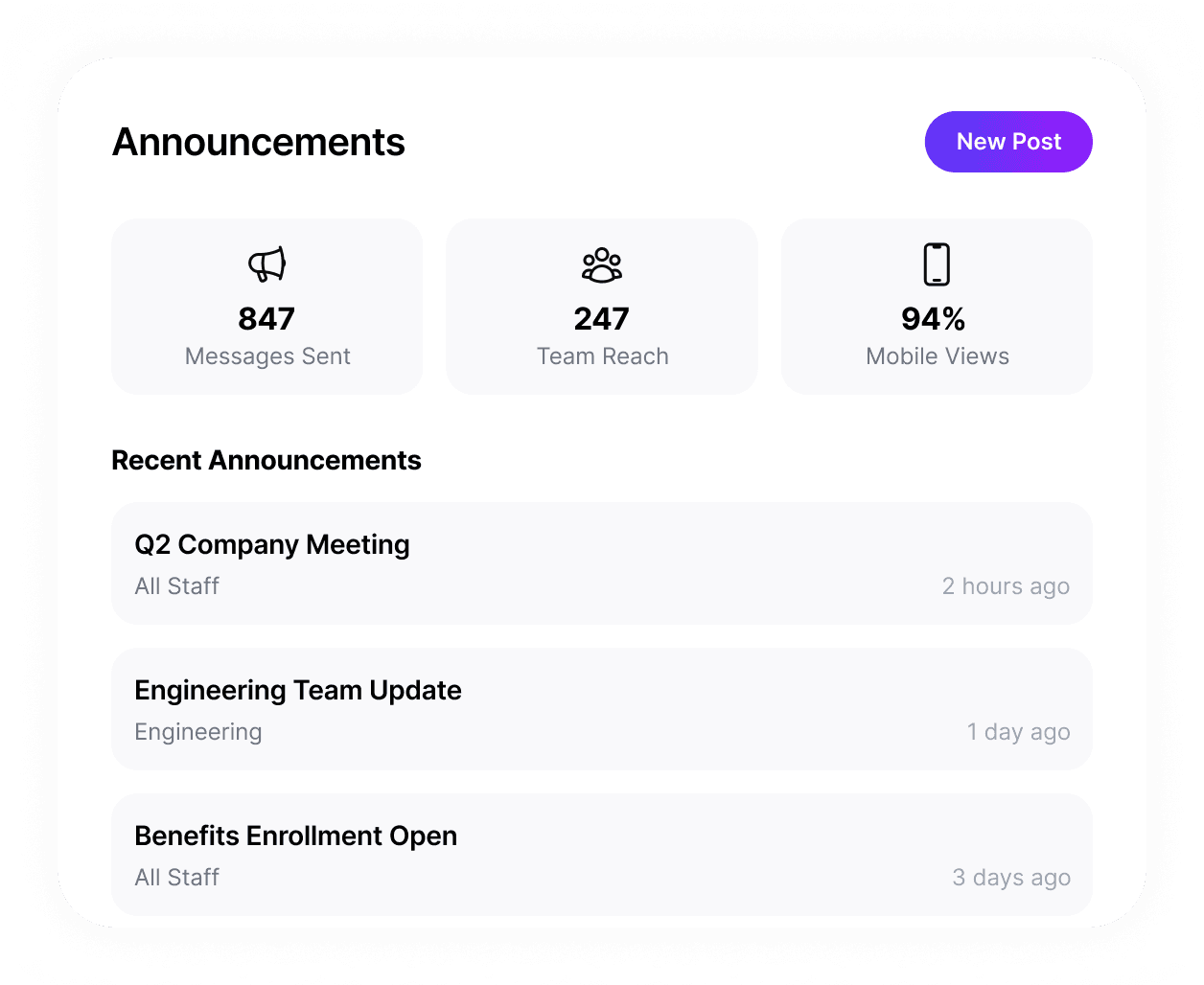 Announcements module showing recent company-wide posts with engagement stats