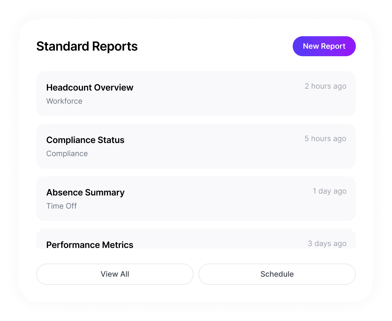 Standard Reports panel listing Headcount Overview, Compliance Status, Absence Summary, Performance Metrics and Onboarding Pipeline