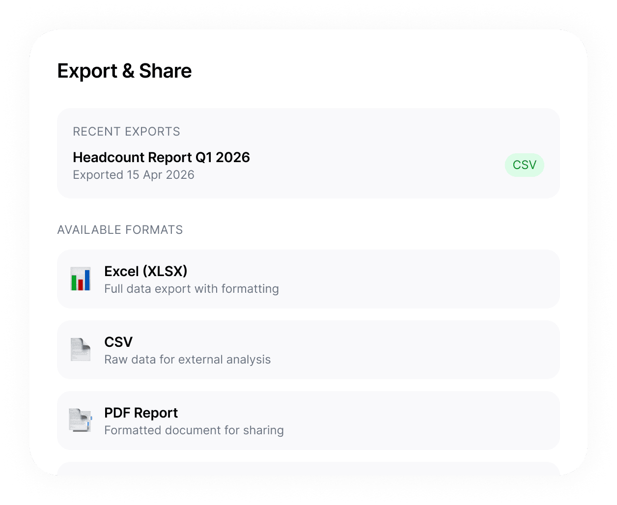 Export and Share panel showing recent exports with CSV, Excel XLSX, PDF and API export format options