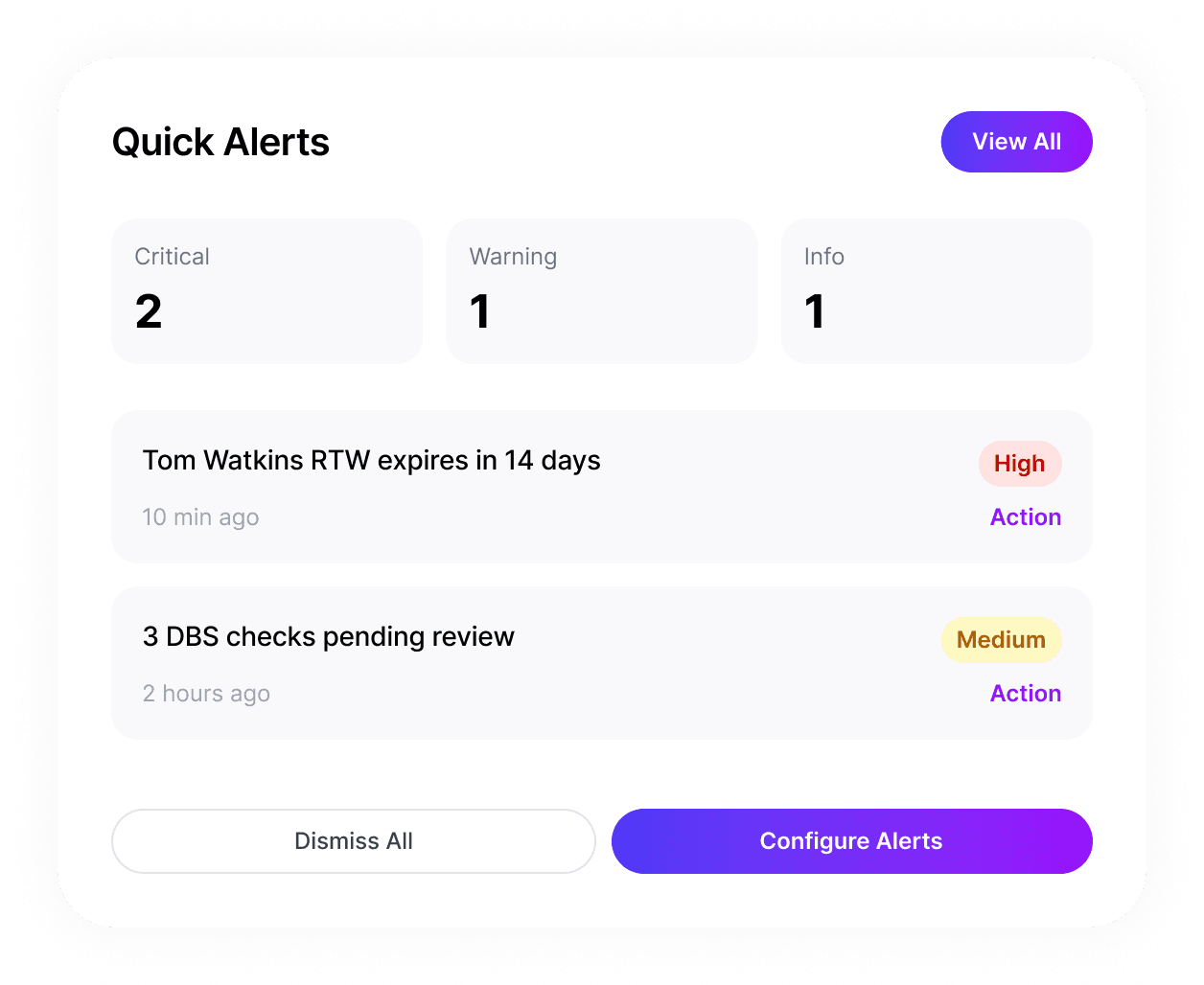 Quick Alerts panel showing critical, warning and info alerts with employee RTW and DBS issues